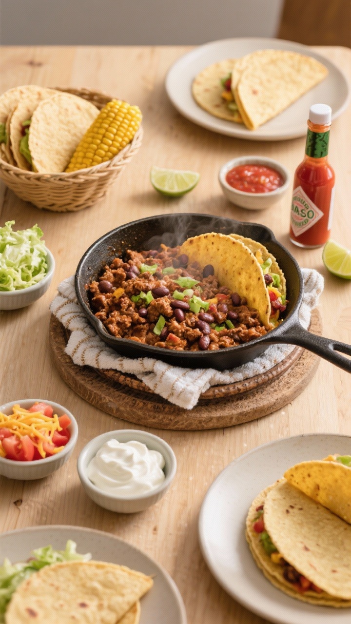 Tasty top view: Overhead shot of a family-style taco spread—steaming skillet of seasoned meat-and-