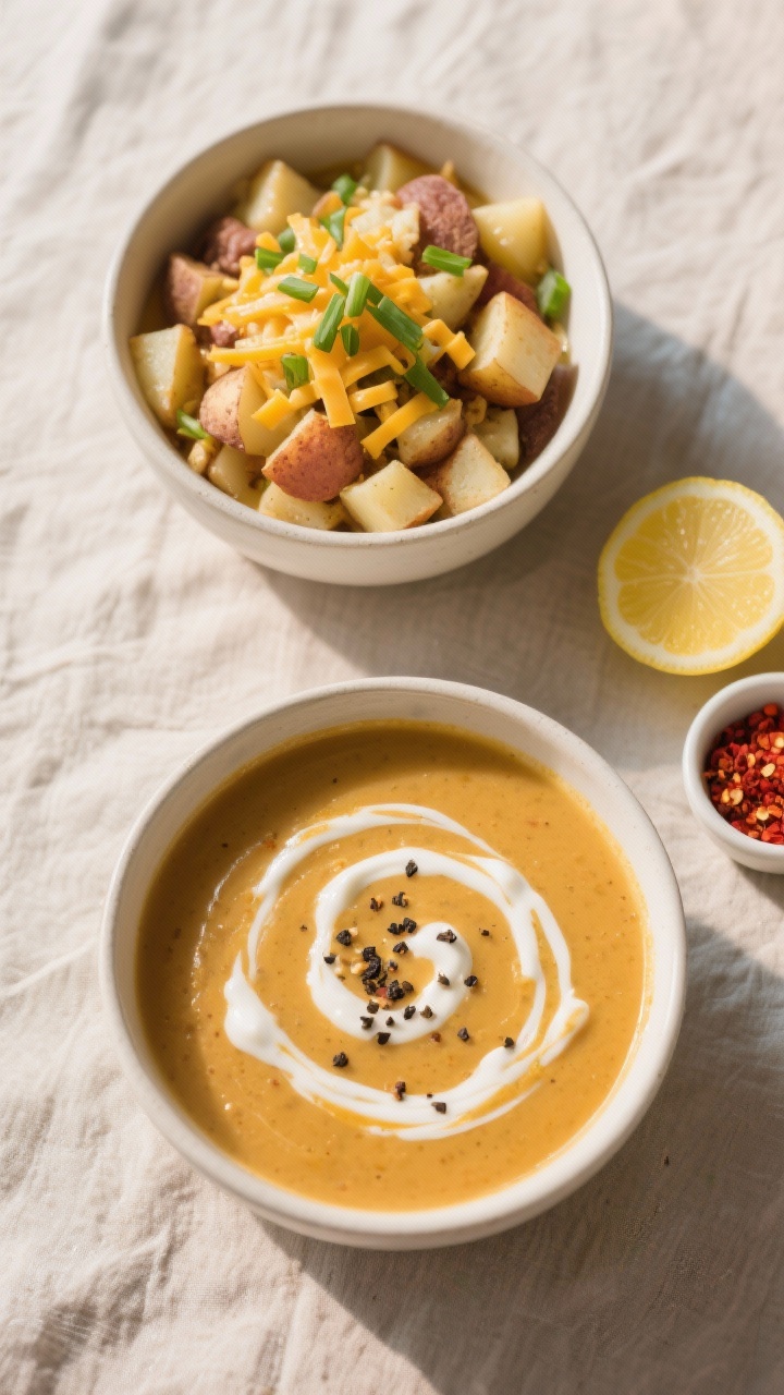 Tasty top view: Overhead shot of a “fully loaded” version—two bowls of the finished soup with 
