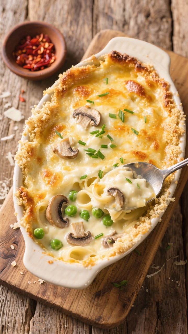 Tasty top view: Overhead shot of a golden, bubbly Creamy Alfredo Bake in a ceramic casserole dish, b