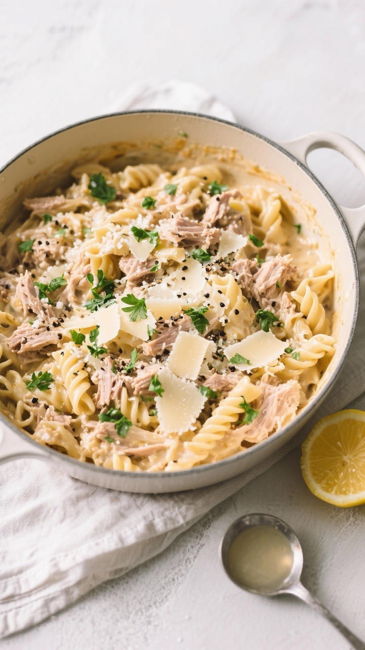 Tasty top view: Overhead shot of a large family-style pot of creamy tuna pasta, finished with extra 