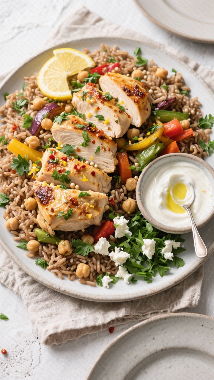 Simple Healthy Dinners for Big Families: Clean Eating On A Budget That Won’t Break You (Or Your Schedule) Tasty top view: Overhead shot of a large platter layered with fluffy herbed brown rice (parsley fold