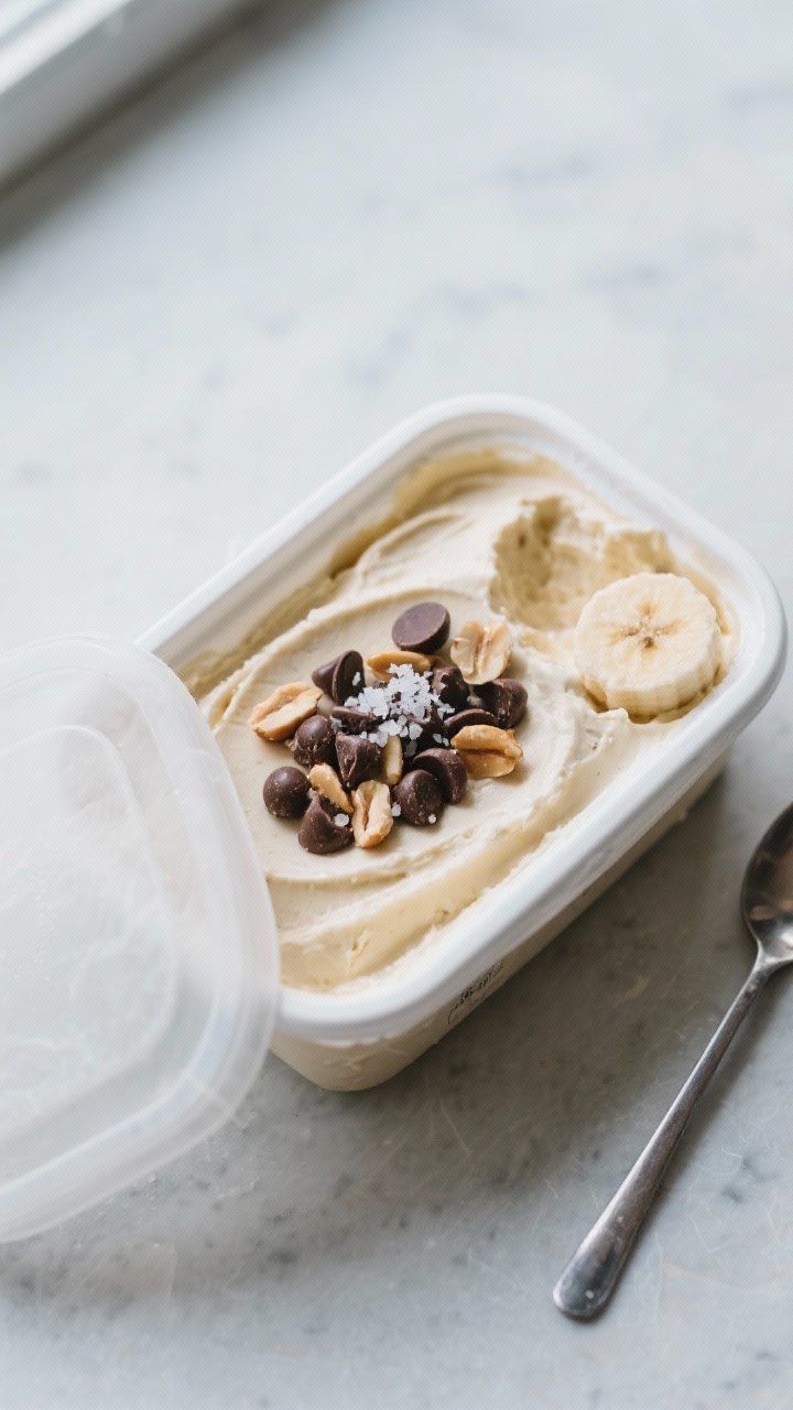 Leftover Banana Ice Cream (Nice Cream): The 2-Ingredient Dessert That Saves Sad Bananas and Cravings Tasty top view: Overhead shot of a lidded, shallow container of set banana nice cream just out of th