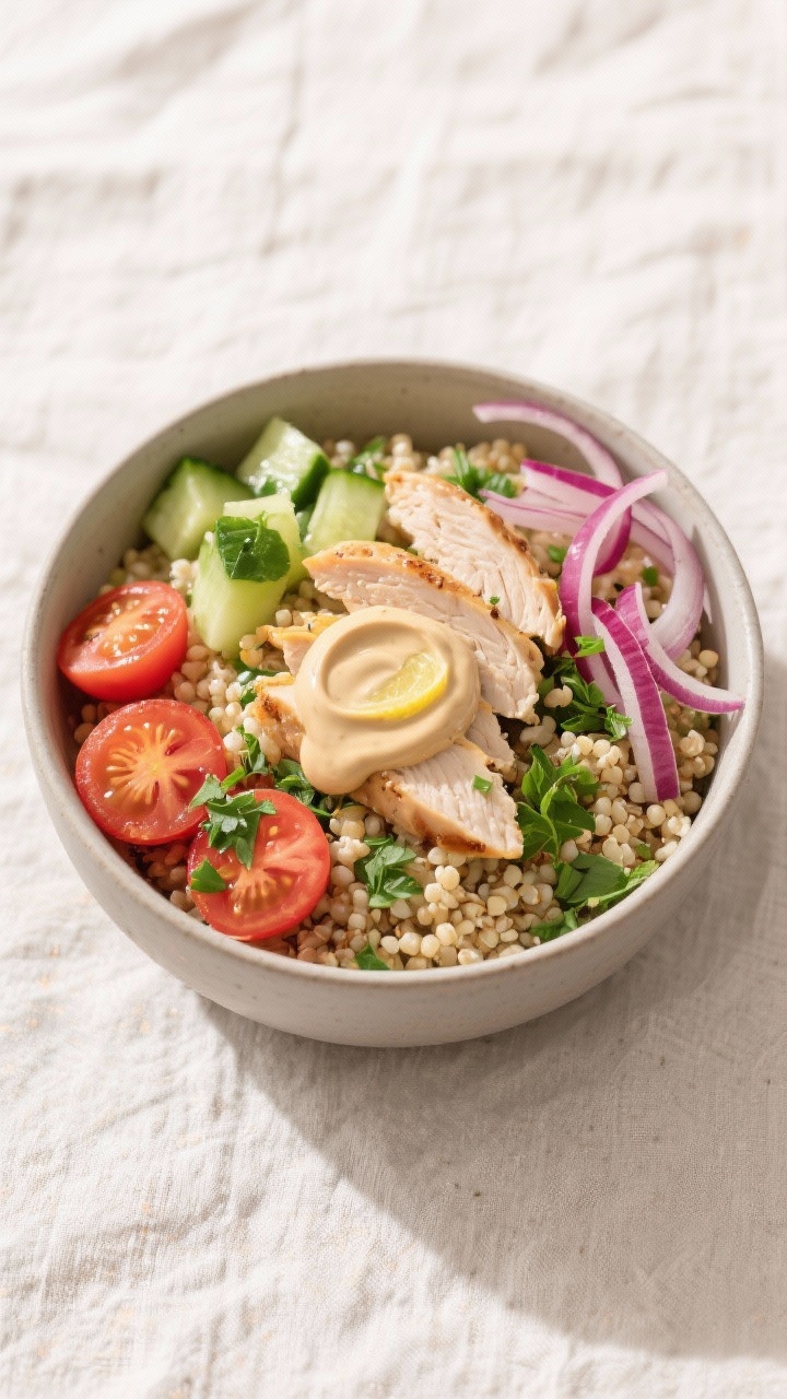 Tasty top view: Overhead shot of a Mediterranean Chicken Bowl—fluffy quinoa base topped with slice