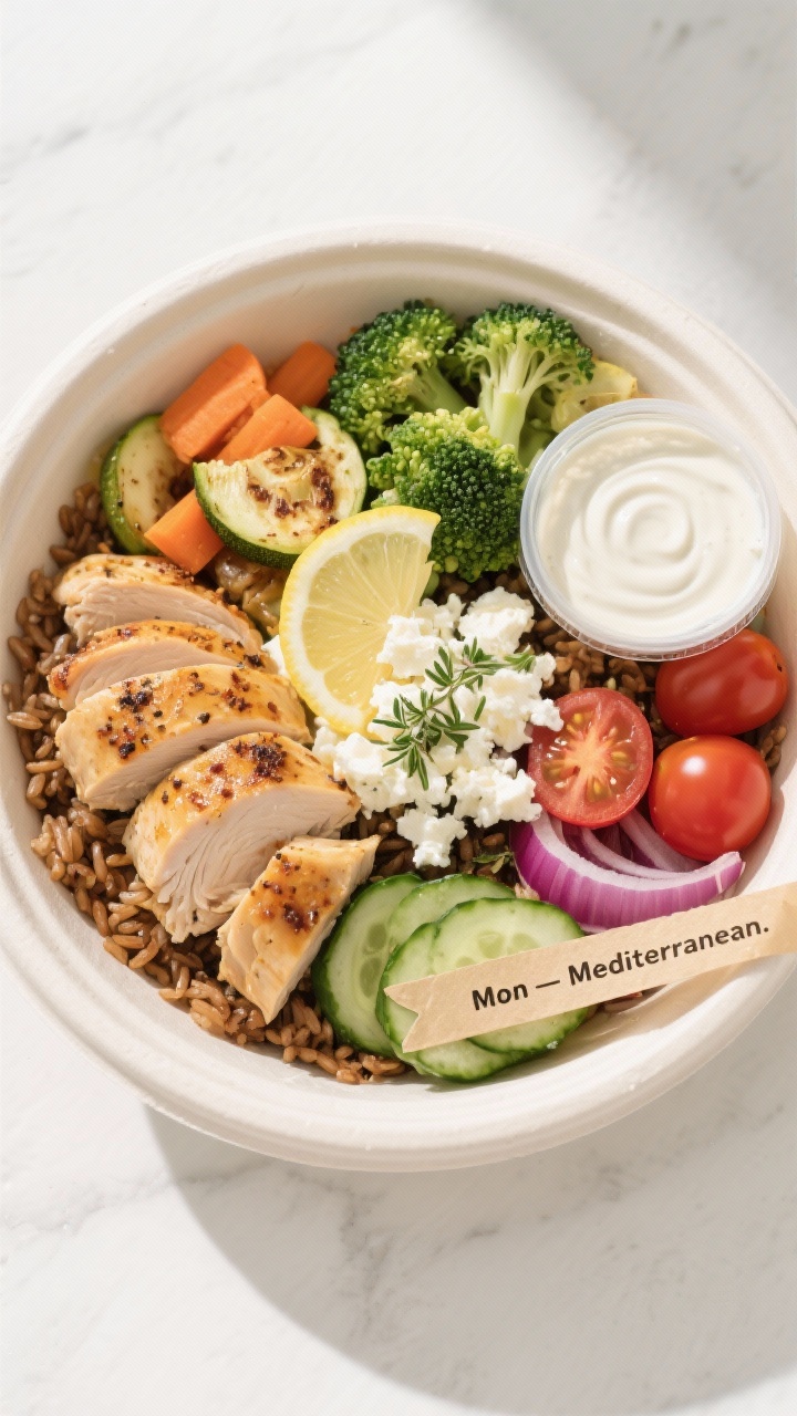 Tasty top view: Overhead shot of a Mediterranean meal prep bowl—brown rice base topped with sliced