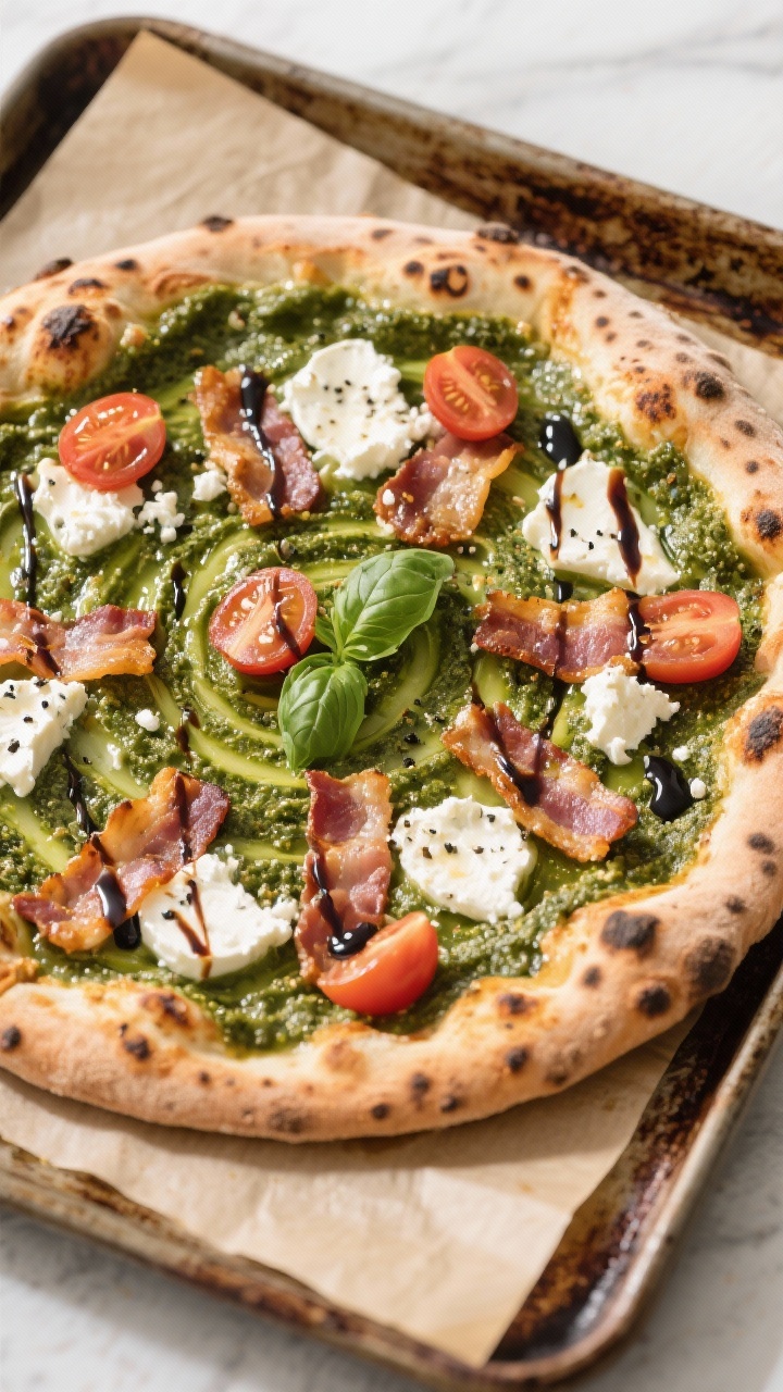 Leftover Bacon Pizza Topping Ideas 🥓🍕: 21 Game-Changing Combos You’ll Wish You Tried Sooner Tasty top view: Overhead shot of a Pesto Goat Cheese pizza finished with bacon, halved cherry tomato