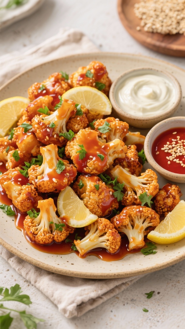 Tasty top view: Overhead shot of a shareable platter of glazed cauliflower bites piled high, garnish