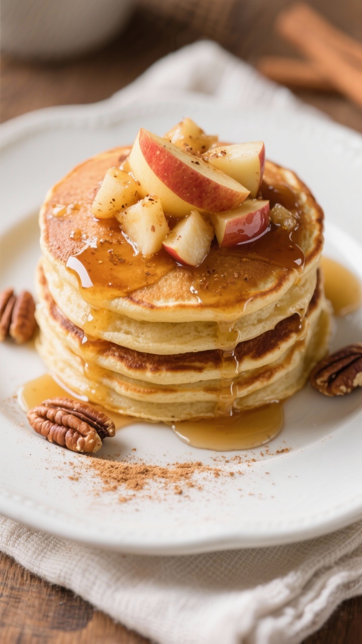 Leftover Apple Pancake Topping Recipe That Turns Sad Fruit Into Breakfast Gold (In 10 Minutes) Tasty top view: Overhead shot of a tall stack of golden pancakes drenched in the glossy apple toppin