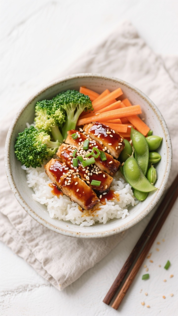 Tasty top view: Overhead shot of a Teriyaki Sesame Bowl—fluffy white rice base topped with glisten