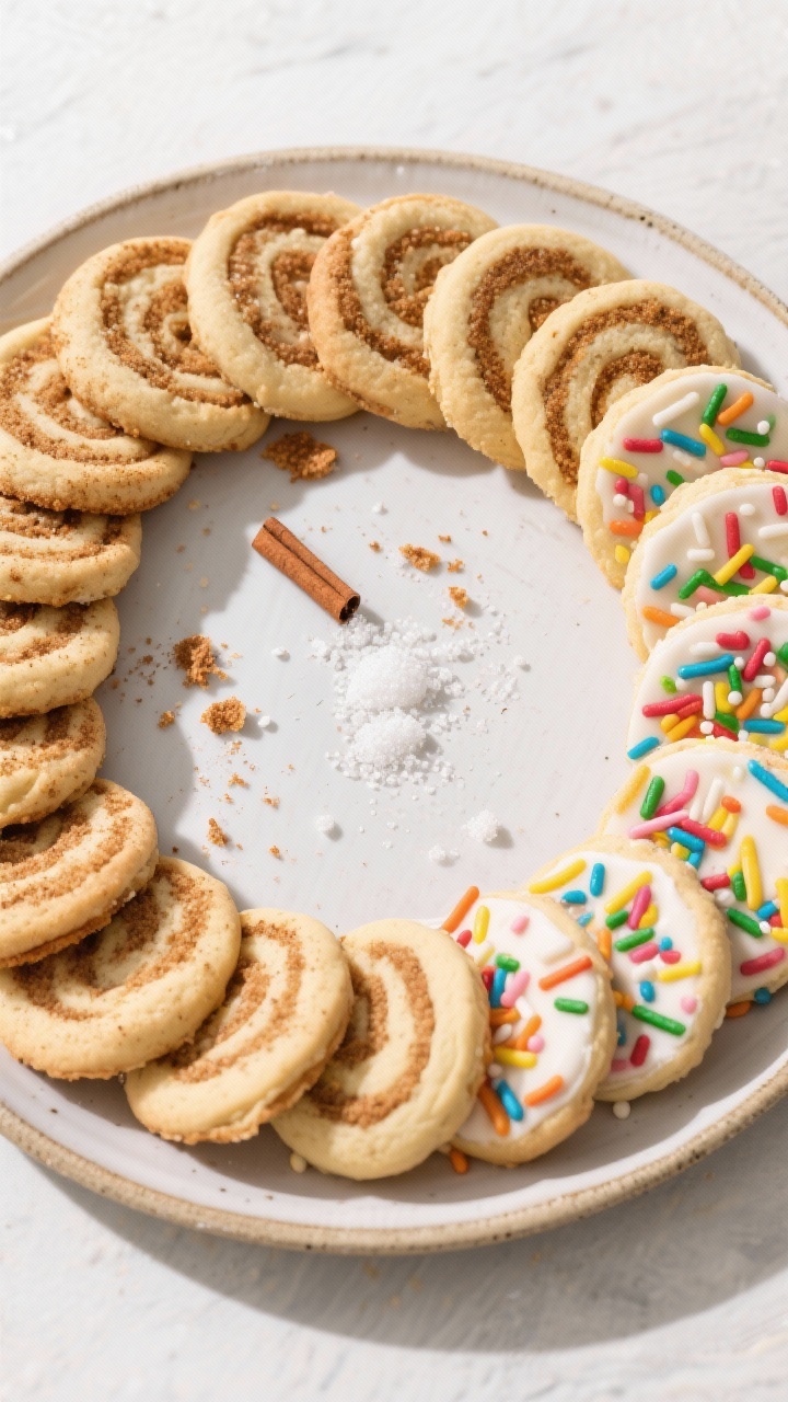 Tasty top view: Overhead shot of a variety platter featuring base sugar cookies, cinnamon-sugar twis