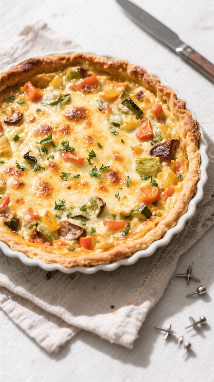 Loaded Vegetable Quiche with Mixed Leftover Veggies: The Zero-Waste Brunch Flex Everyone Will Ask You For Tasty top view: Overhead shot of a whole 9-inch quiche in its pie dish just out of the oven—cheesy