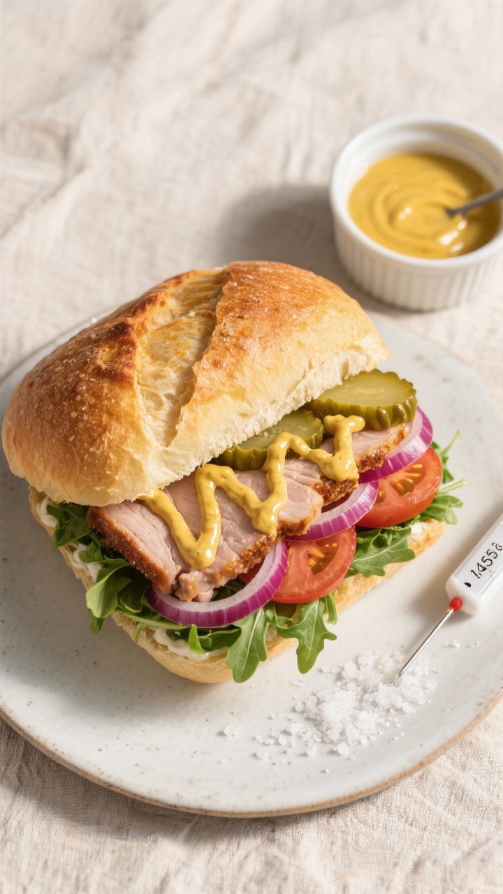 Tasty top view: Overhead shot of an open-faced sandwich build—crusty ciabatta toasted golden, gene