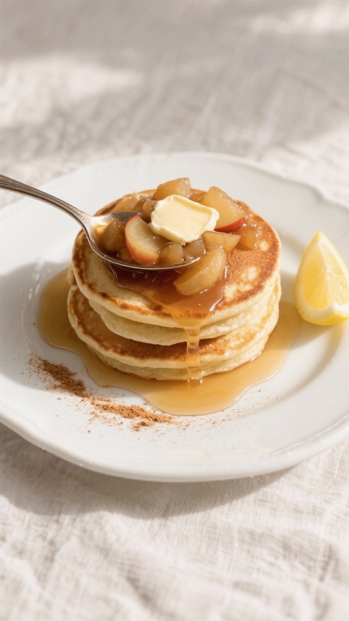 Skillet Apple Compote for Breakfast & Desserts: The 15-Minute Upgrade Your Toast, Pancakes, and Ice Cream Have Been Begging For Tasty top view — Overhead shot of apple compote on fluffy pancakes: generous spoonfuls cascading d