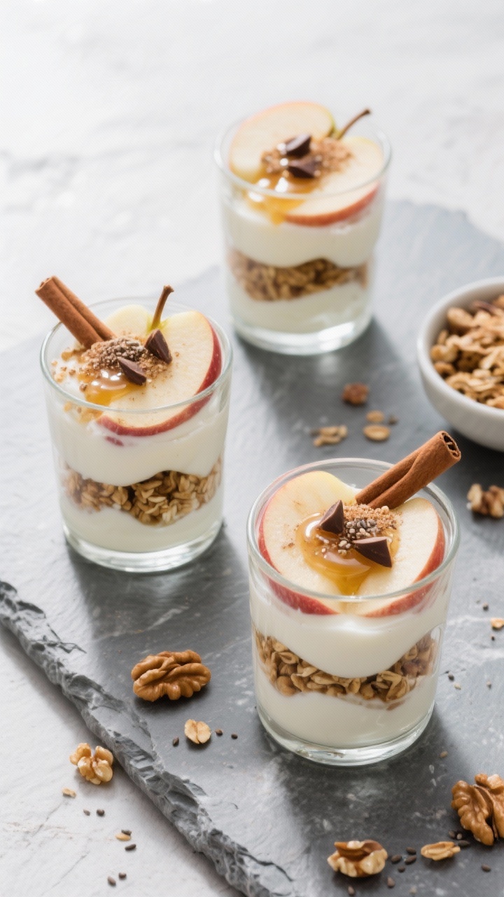Healthy Apple Yogurt Parfaits from Leftover Apples: The 5-Minute Breakfast Hack You’ll Actually Crave Tasty top view: Overhead shot of assembled apple yogurt parfaits in short glass tumblers, neat layer