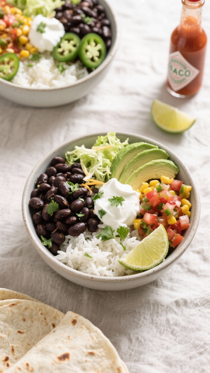 Tasty top view: Overhead shot of assembled Black Bean & Rice Burrito Bowls, fluffy white rice base w