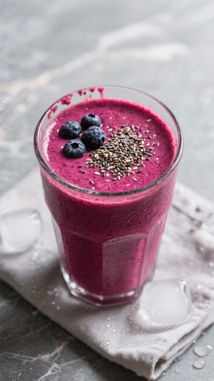 Tasty top view: Overhead shot of Berry Iron Boost smoothie served in a wide tumbler, deep magenta co