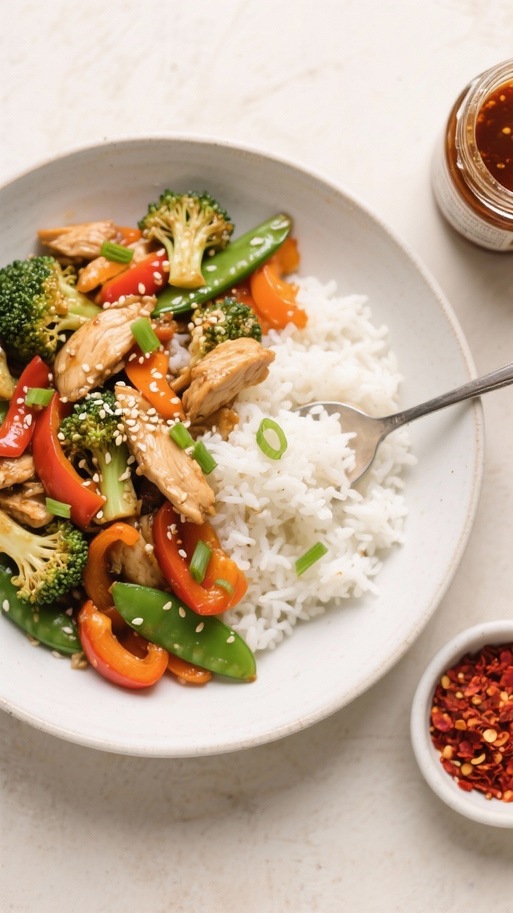 Tasty top view: Overhead shot of Budget Chicken Stir-Fry spooned over fluffy white rice in a wide, s