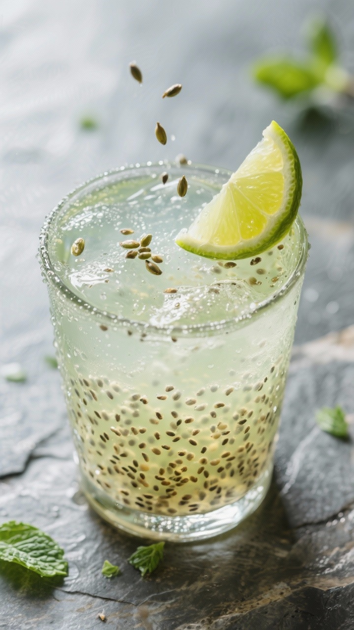 Tasty top view: Overhead shot of Chia Cooler after gelling—translucent lime-tinted liquid with ful