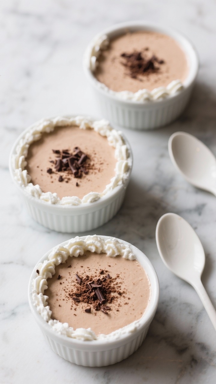 Tasty top view: Overhead shot of chilled mousse set in small ramekins, showing smooth, even surface,