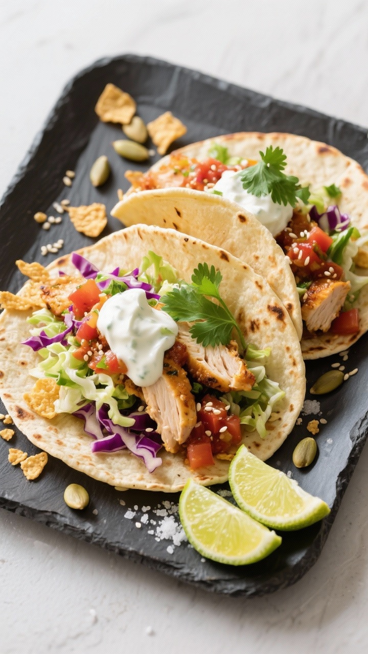 Tasty top view: Overhead shot of crunchy chicken tacos — warm tortillas filled with salsa-tossed c