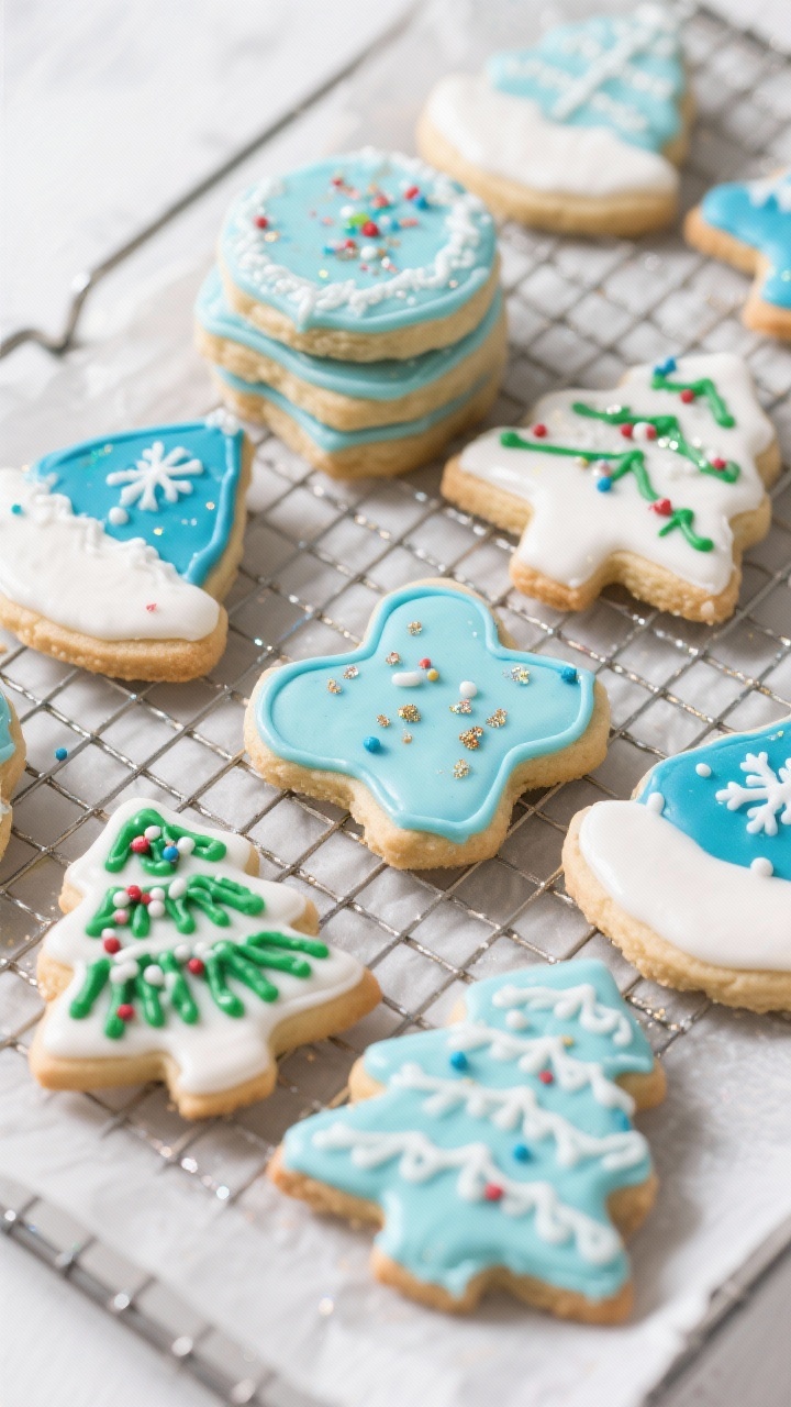 Tasty top view: Overhead shot of decorated vegan sugar cookies set and glossy, featuring flood icing