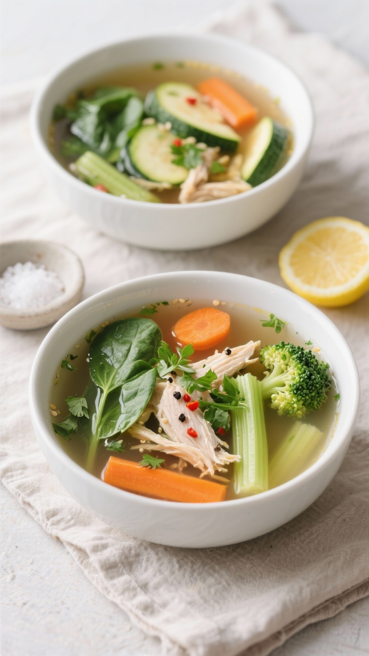 Tasty top view: Overhead shot of final detox soup served in two white ceramic bowls on a light linen