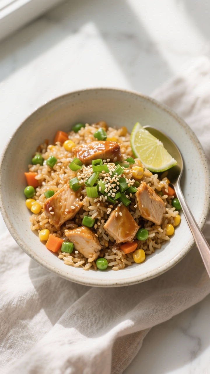 Tasty top view: Overhead shot of finished chicken fried rice in a wide, shallow ceramic bowl, evenly