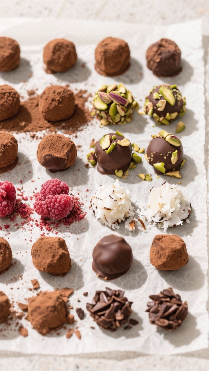 Tasty top view: Overhead shot of freshly rolled vegan truffles set on parchment, arranged in neat ro