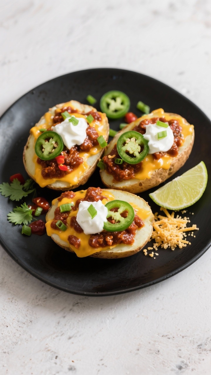 Tasty top view: Overhead shot of fully loaded chili-stuffed potatoes on a matte black platter—lava