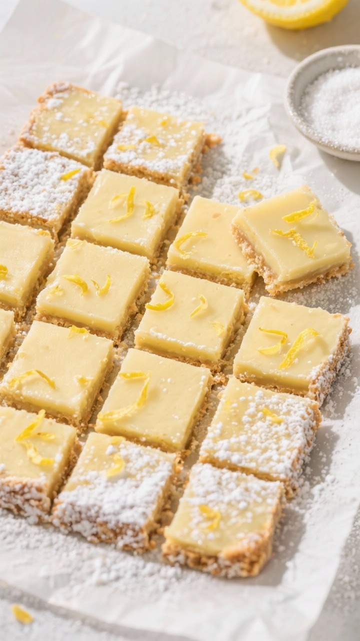Tasty top view: Overhead shot of fully set lemon bars on parchment, dusted with a light snowfall of 