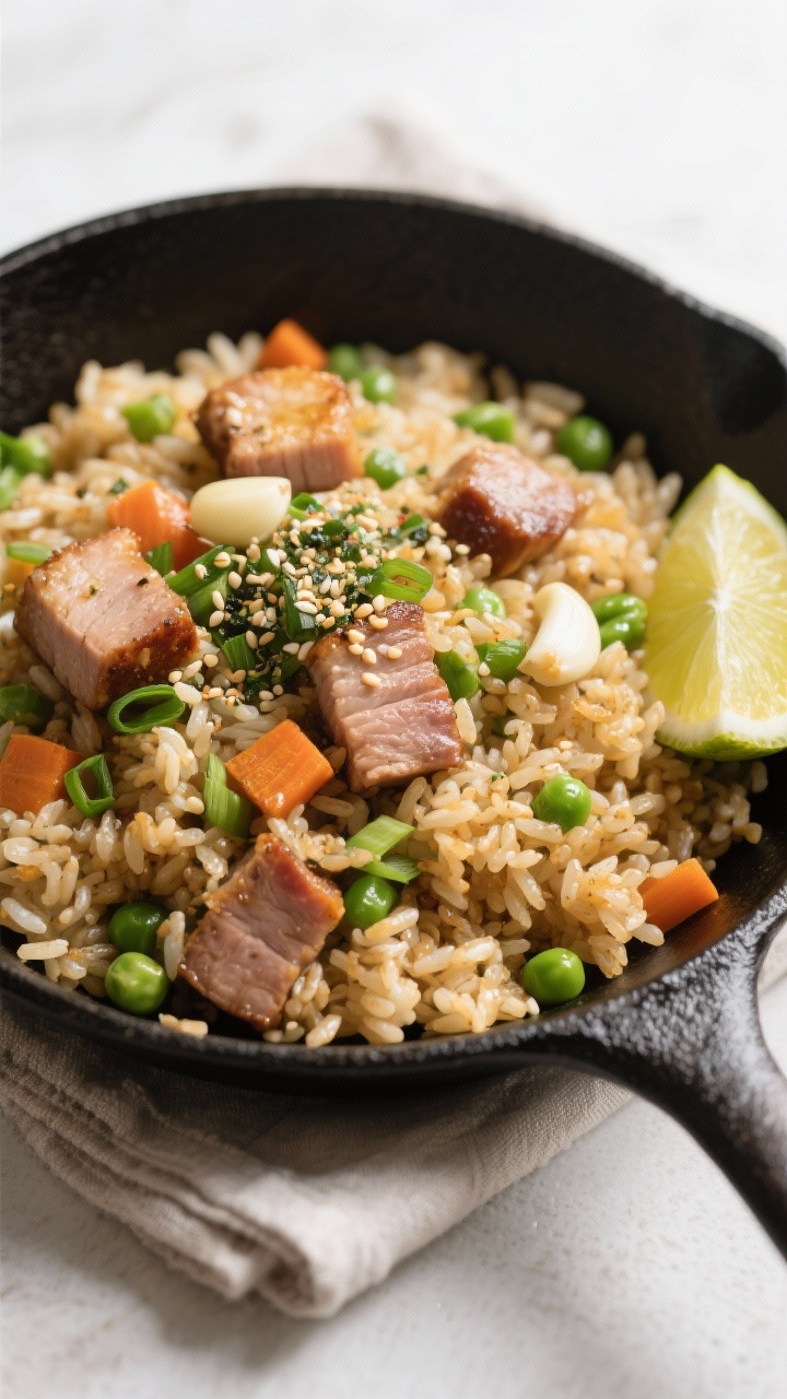 Tasty top view: Overhead shot of garlic butter pork tenderloin fried rice in a wide black skillet, e