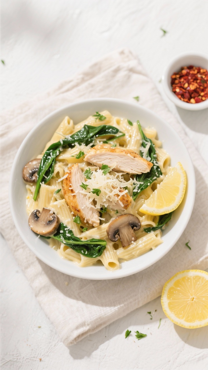 Tasty top view: Overhead shot of Lemon-Garlic Chicken Alfredo, short pasta coated in silky sauce wit