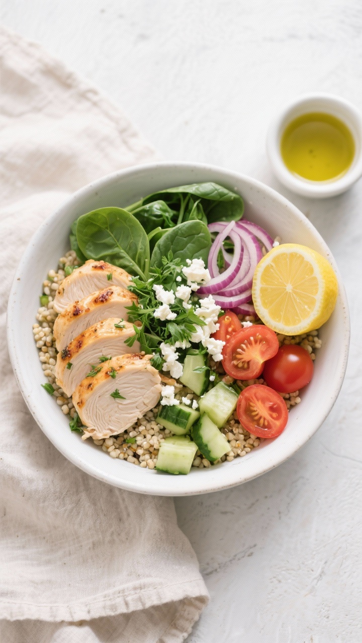 Tasty top view: Overhead shot of Lemon Herb Chicken Bowls fully assembled—fluffy quinoa base, baby