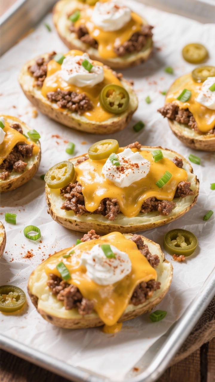Tasty top view: Overhead shot of loaded baked potatoes on a parchment-lined sheet pan—creamy base 