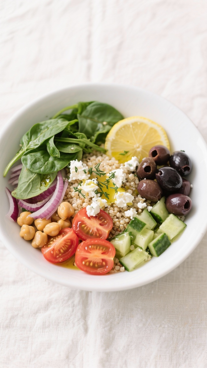 Tasty top view: Overhead shot of Mediterranean Power Bowl—fluffy quinoa base, chickpeas, halved ch