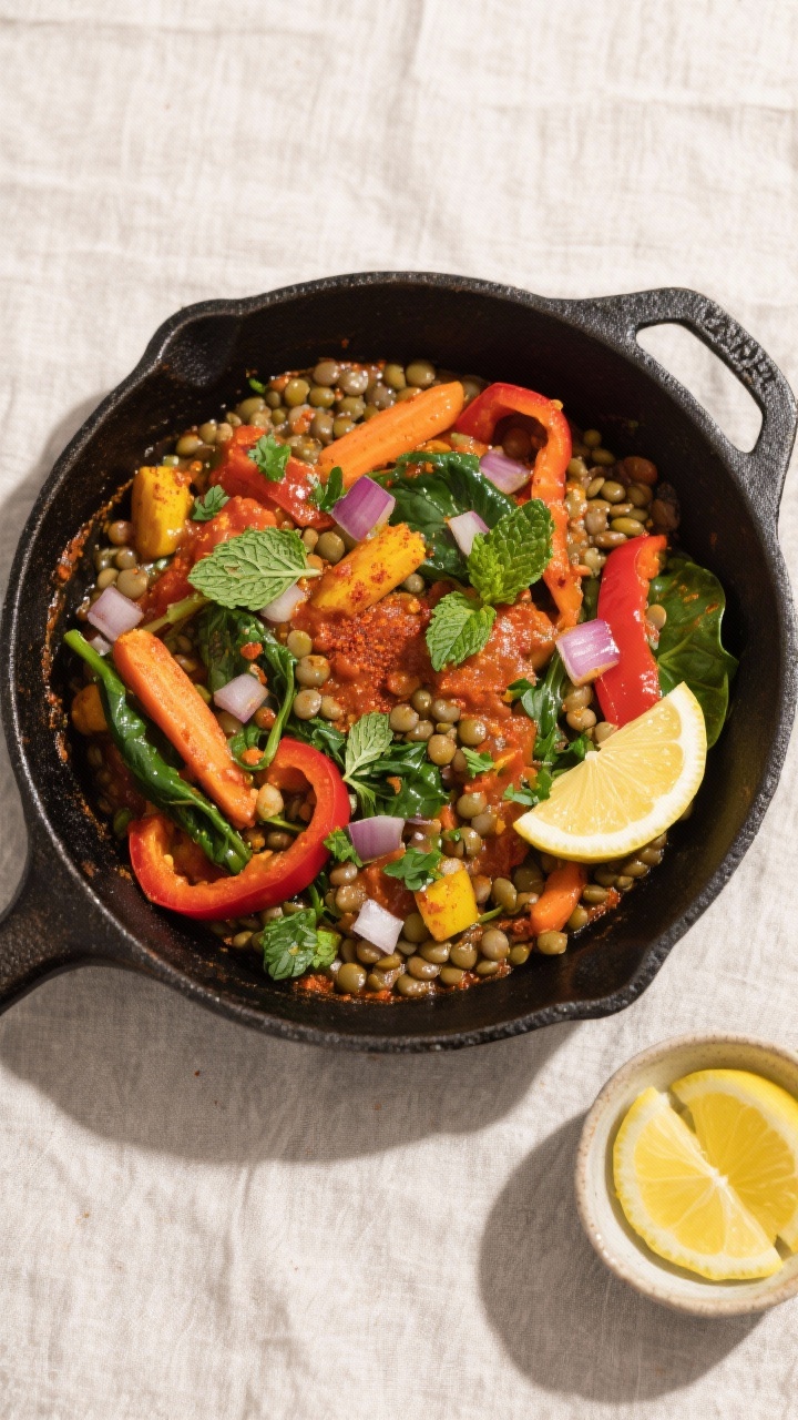 Tasty top view: Overhead shot of Plant-Powered Lentil Veggie Skillet served family-style in a matte 
