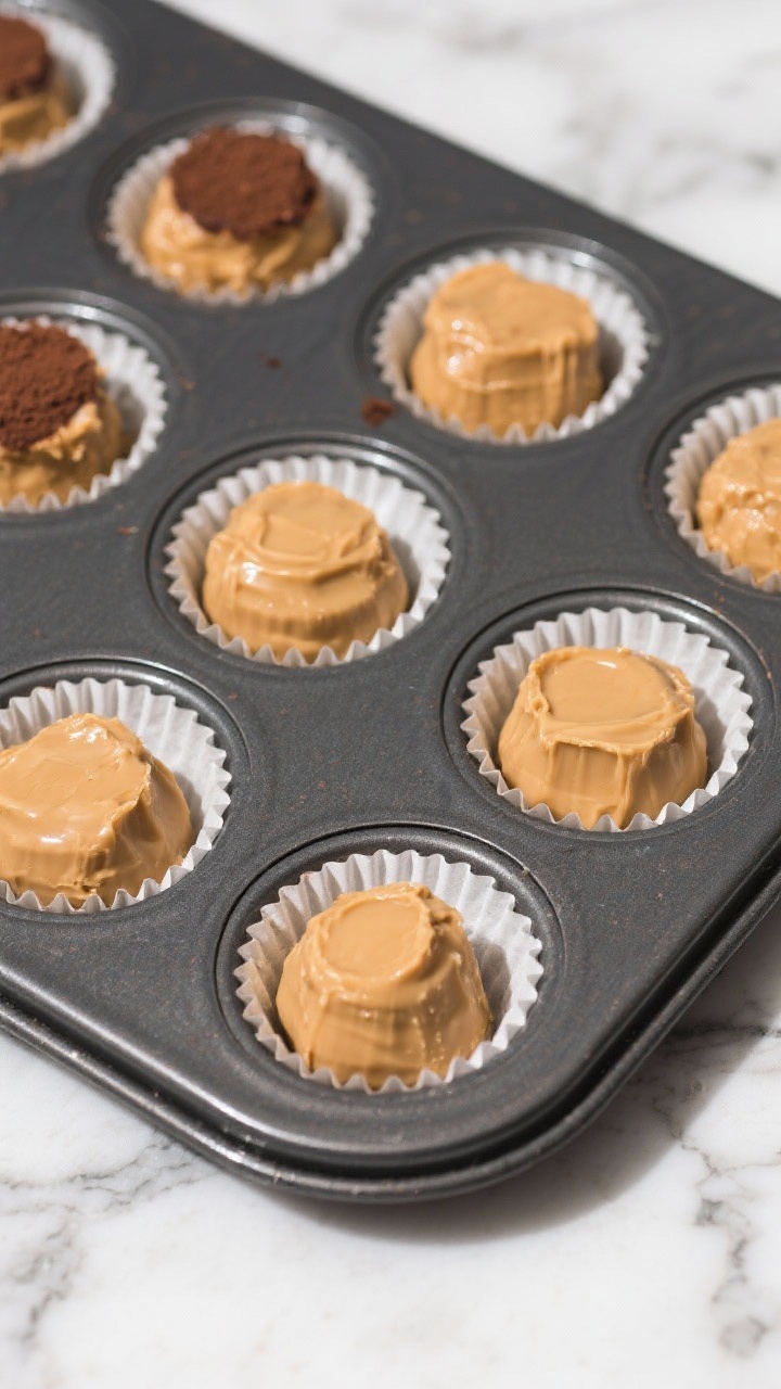 Tasty top view: Overhead shot of portioned peanut butter fat bombs in a mini muffin tin lined with w