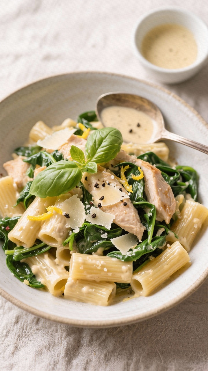 Tasty top view: Overhead shot of rigatoni tossed with creamy Italian chicken, ribbons of wilted baby