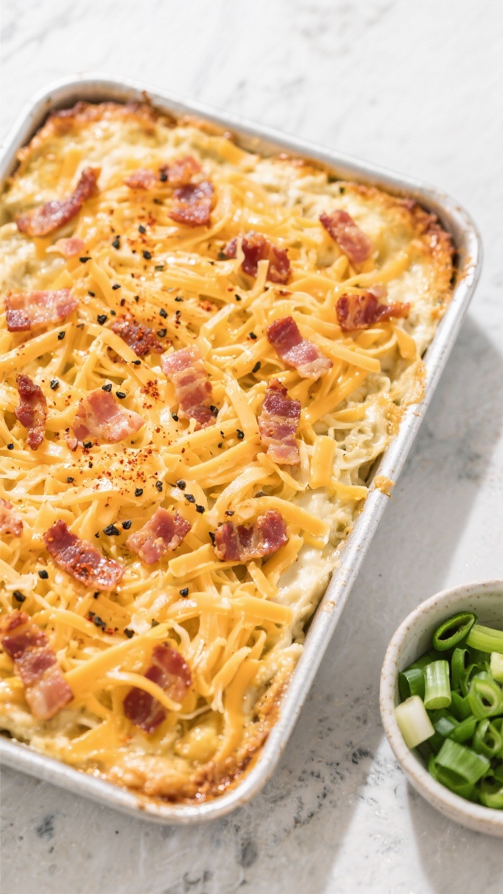 Tasty top view: Overhead shot of the assembled casserole pre-bake, evenly spread in a greased 9x13 d
