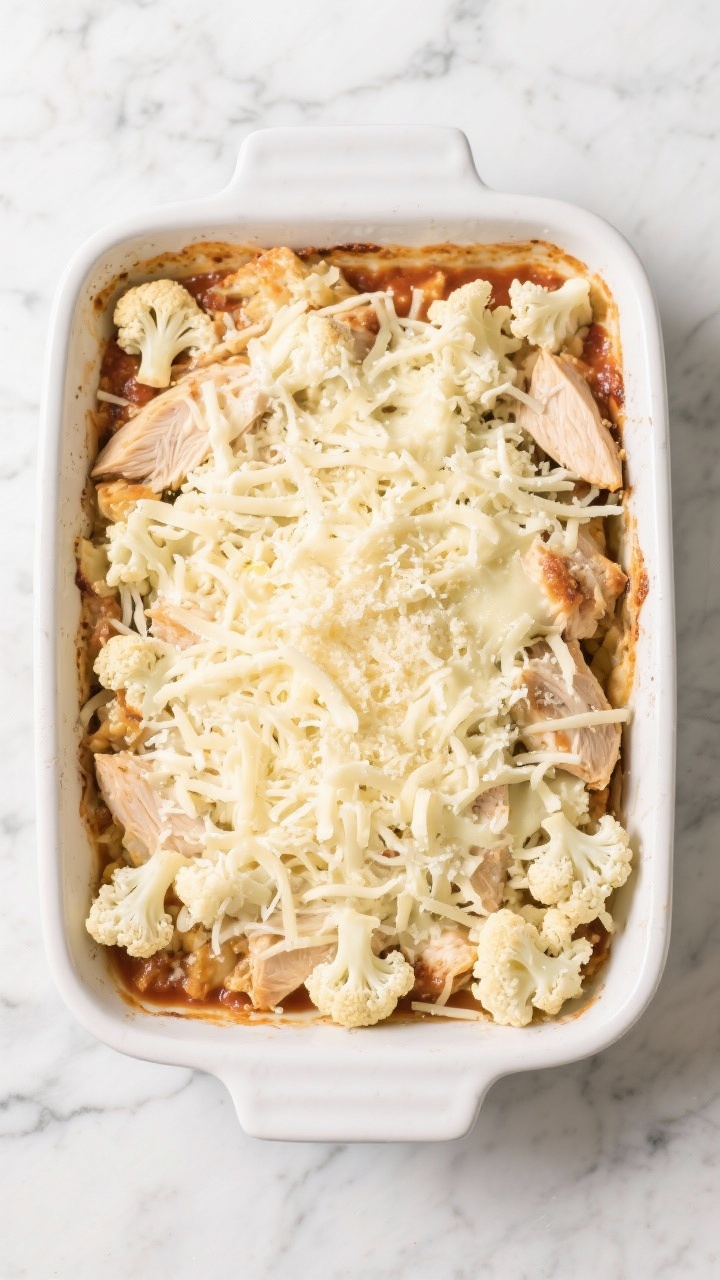 Tasty top view: Overhead shot of the assembled casserole before baking—chicken, well-drained cauli