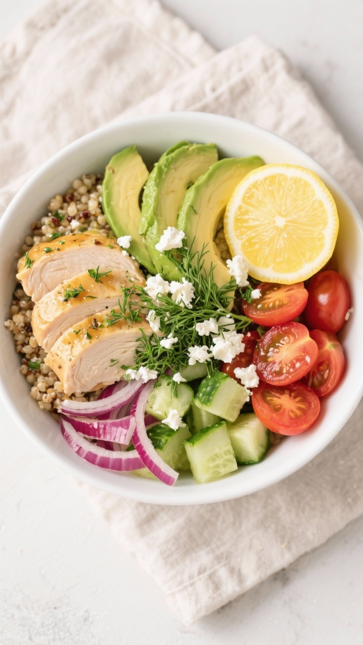 Tasty top view: Overhead shot of the assembled Lemon-Herb Chicken Power Bowl—neat sections of quin