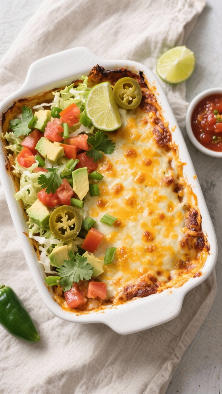 Tasty top view: Overhead shot of the baked casserole fresh from the oven, cheese melted and bubbling