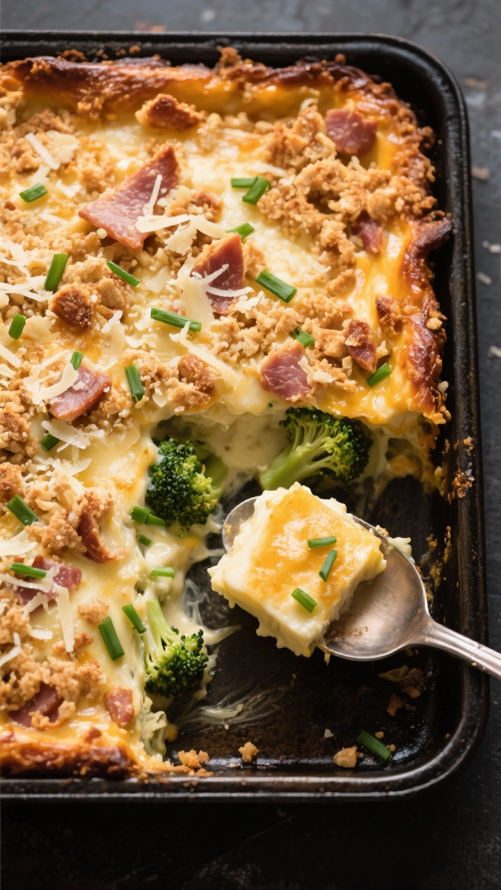Tasty top view: Overhead shot of the baked casserole with a crunchy topping of crushed pork rinds an