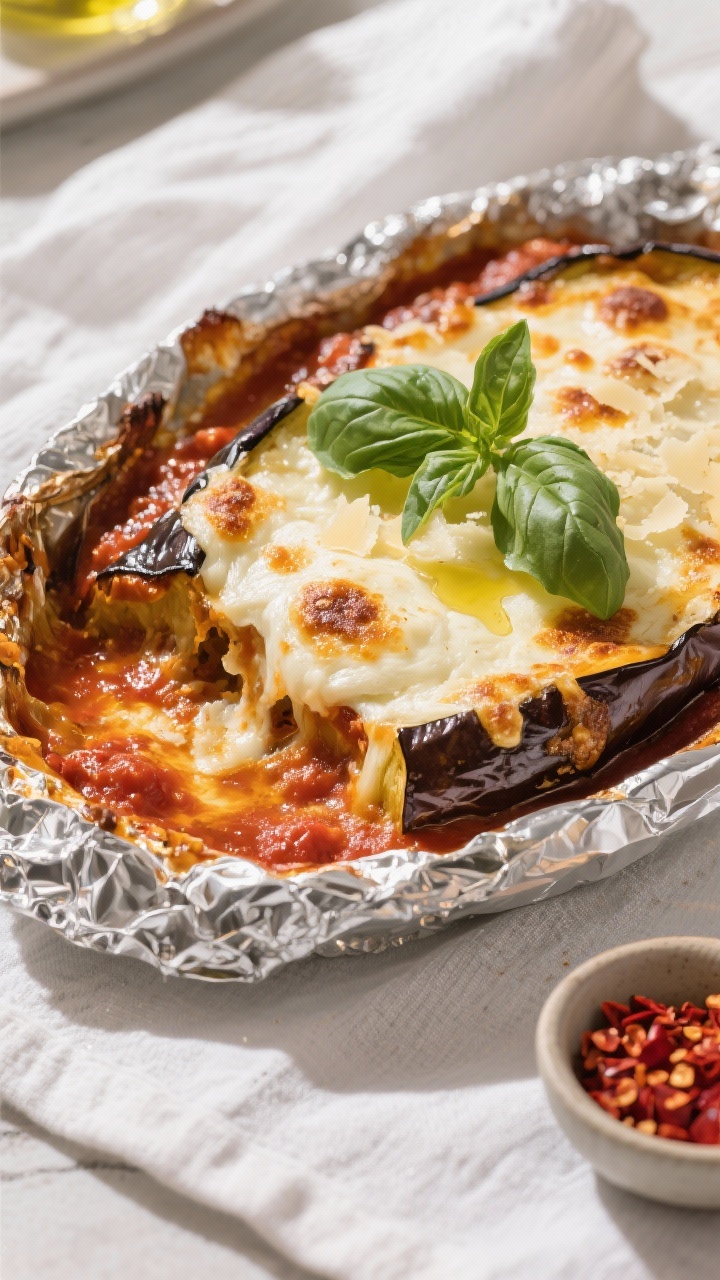 Tasty top view: Overhead shot of the baked Eggplant Parmesan just after the foil comes off—bubblin