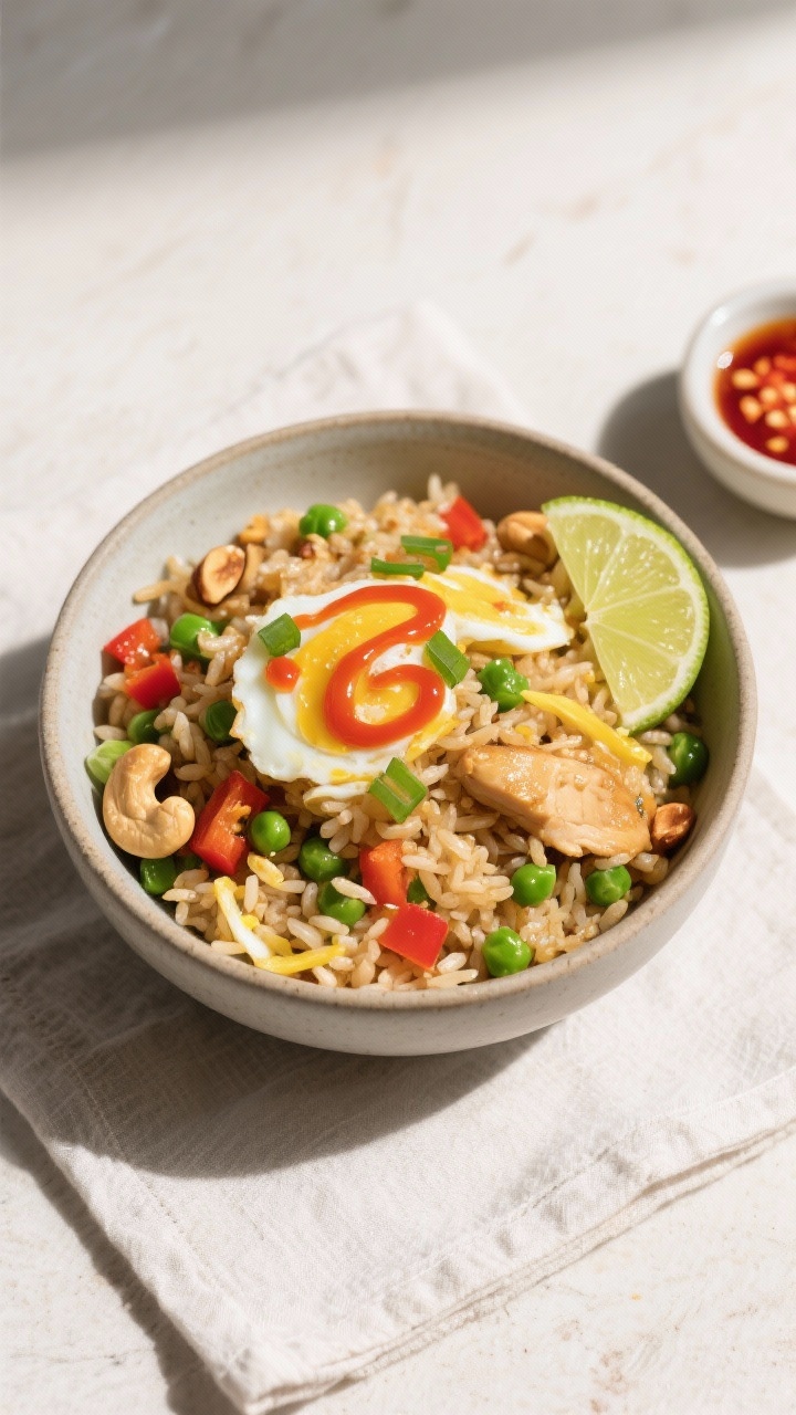 Tasty top view: Overhead shot of the final chicken fried rice bowl, distinct grains, vibrant peas an