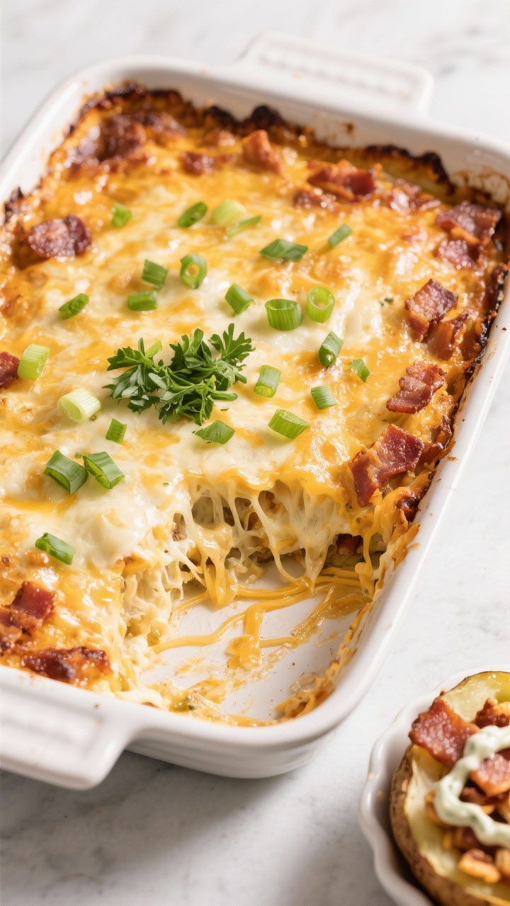 Tasty top view: Overhead shot of the finished casserole in the baking dish post-rest, garnished with