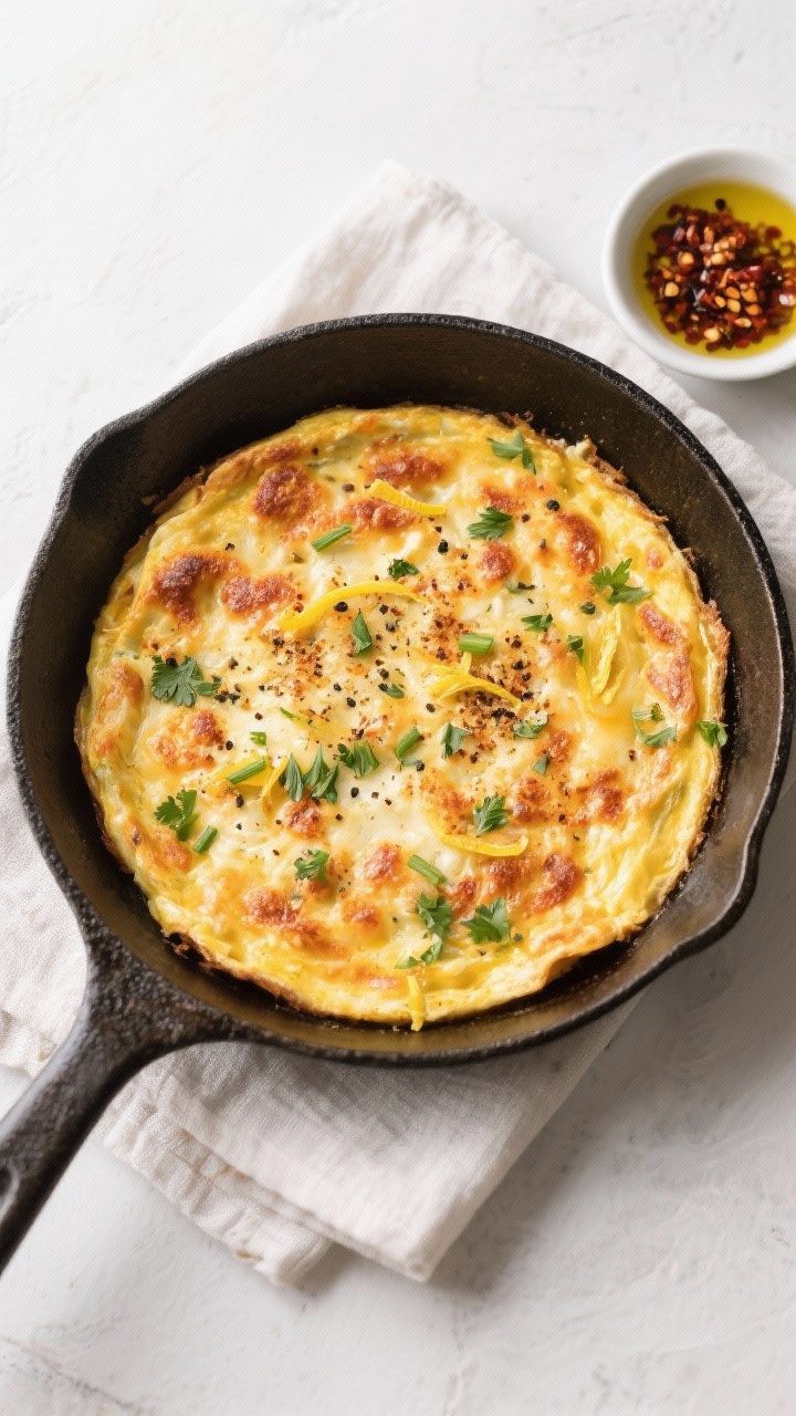 Veggie Packed Frittata with Roasted Leftover Vegetables: The Zero-Waste Brunch Hack Your Fridge Has Been Begging For Tasty top view: Overhead shot of the finished frittata in the skillet right after broiling—golden,