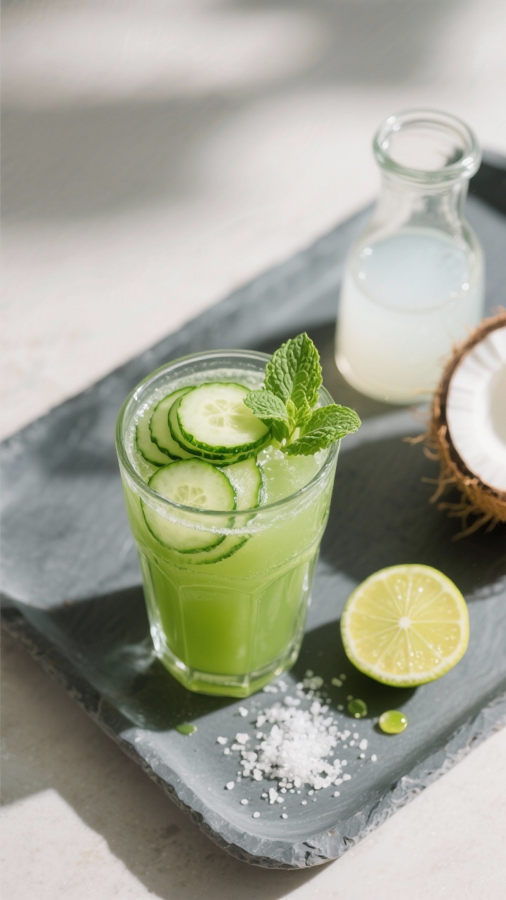 Tasty top view: Overhead shot of the finished hydrating green juice in a clear highball on a matte s