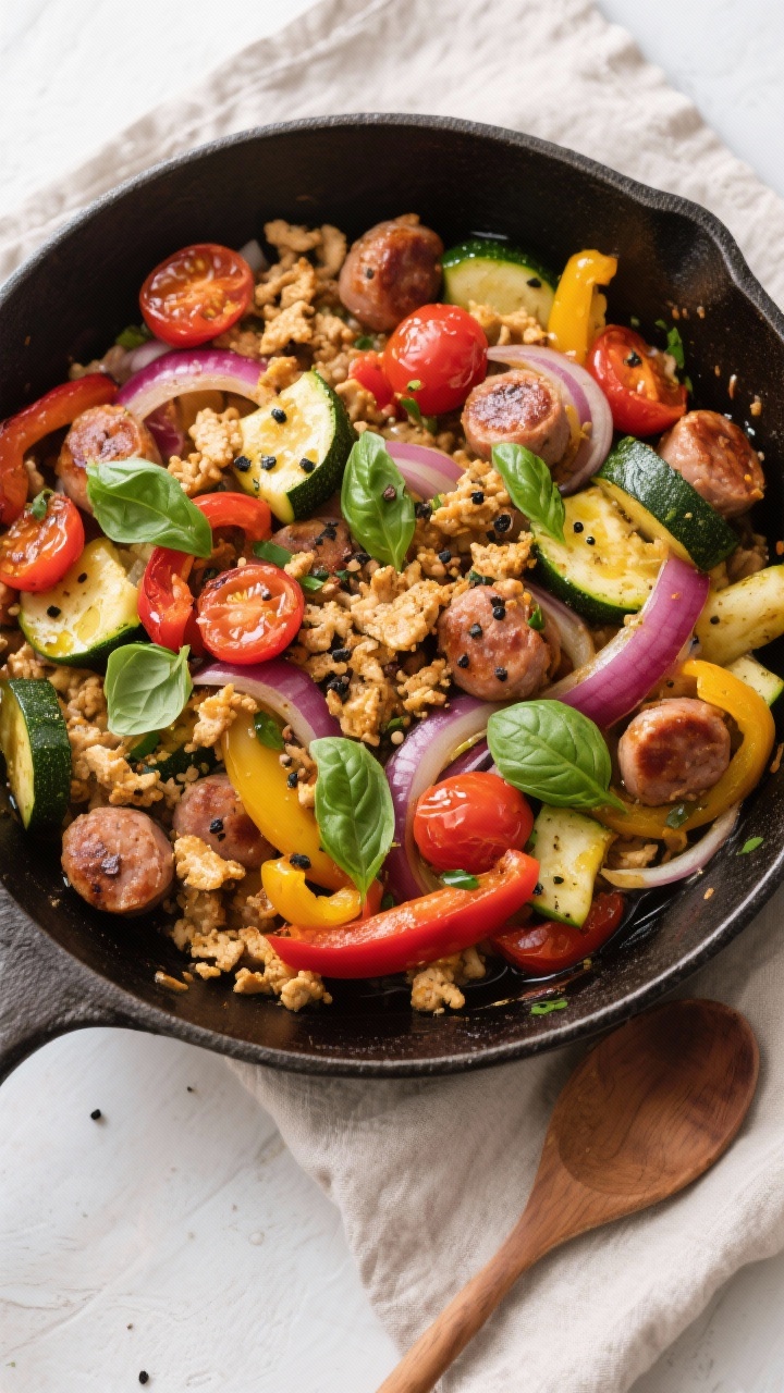 Tasty top view: Overhead shot of the finished Italian chicken sausage and veggie skillet, everything