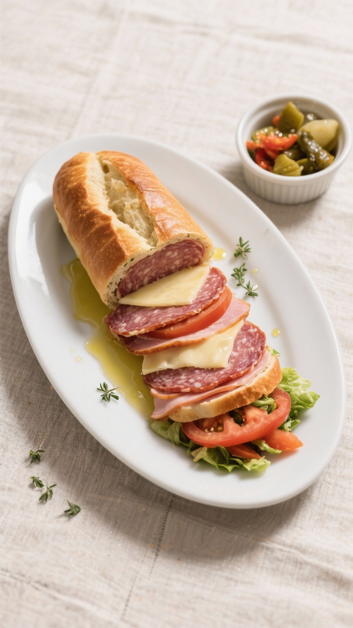 Tasty top view: Overhead shot of the finished Italian grinder sliced on a diagonal, served on a whit
