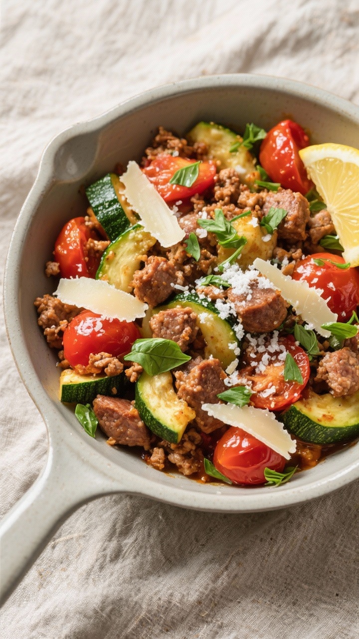Tasty top view: Overhead shot of the finished Keto Italian Sausage Skillet with Zucchini—sausage c